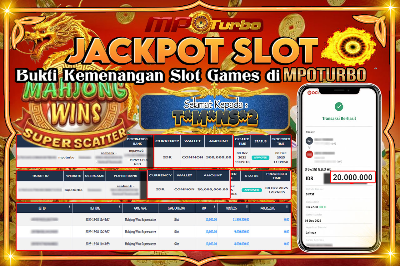 MPOTURBO JACKPOT MAHJONG WINS SUPERSCATTER - PRAGMATIC PLAY Rp 20,000,000.00,- LUNAS
